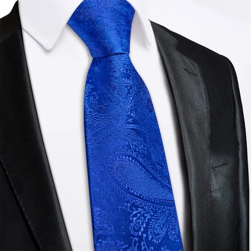 Ties2you Sapphire Blue Paisley Lazy Mens Business Easy-pull Silk Tie Pocket Square Cufflinks Set sold by Ties2You