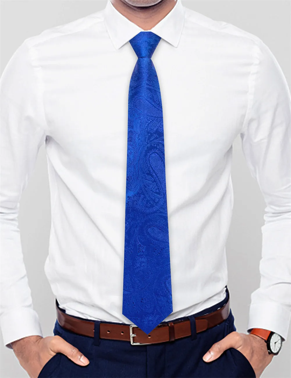 Ties2you Sapphire Blue Paisley Lazy Mens Business Easy-pull Silk Tie Pocket Square Cufflinks Set sold by Ties2You product image thumbnail 3