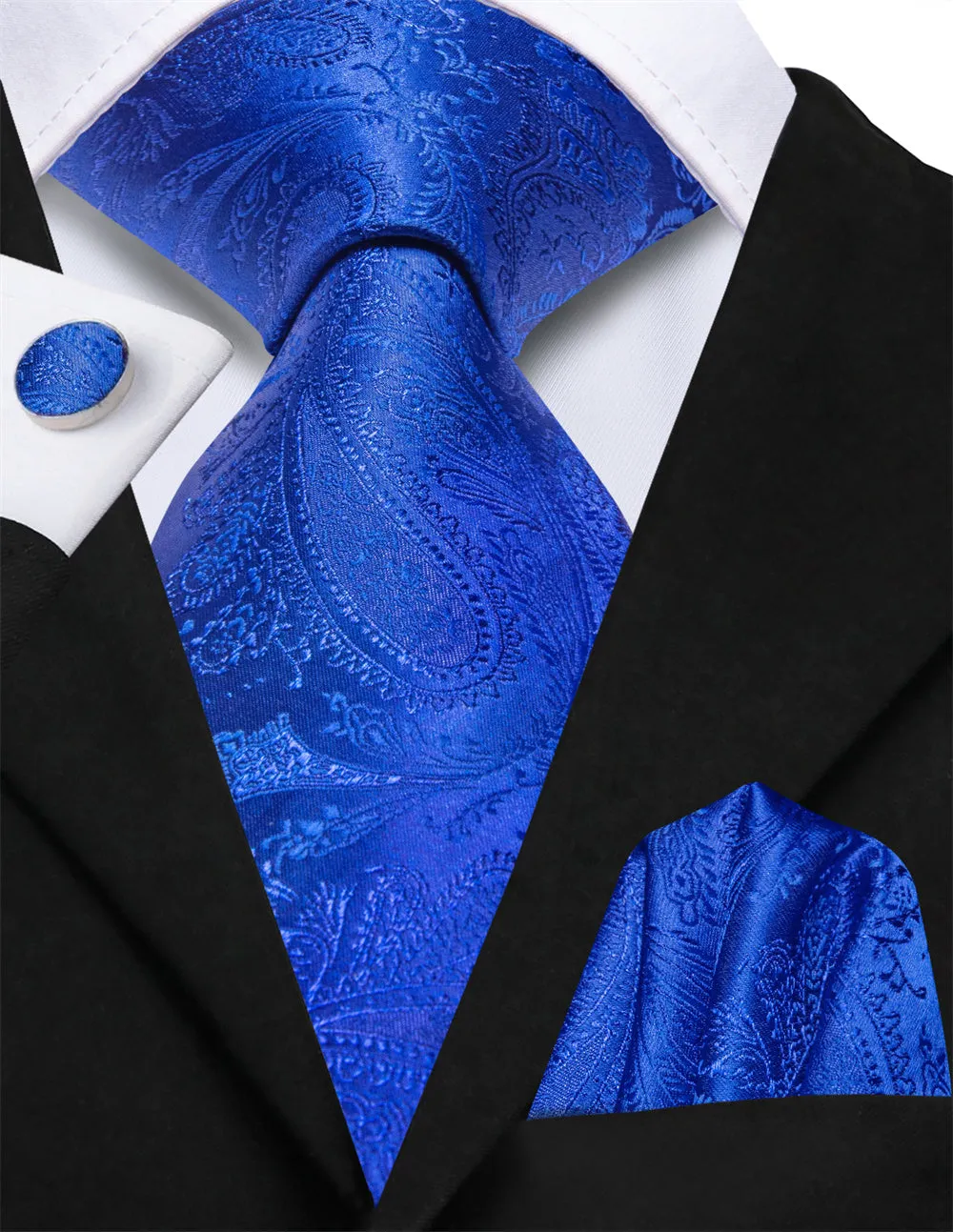 Ties2you Sapphire Blue Paisley Lazy Mens Business Easy-pull Silk Tie Pocket Square Cufflinks Set sold by Ties2You product image thumbnail 2