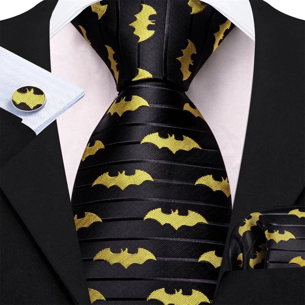 Ties2you Black Tie Yellow Bat Pattern Striped Men's Silk Tie Pocket Square Cufflinks Set sold by Ties2You product image thumbnail 3