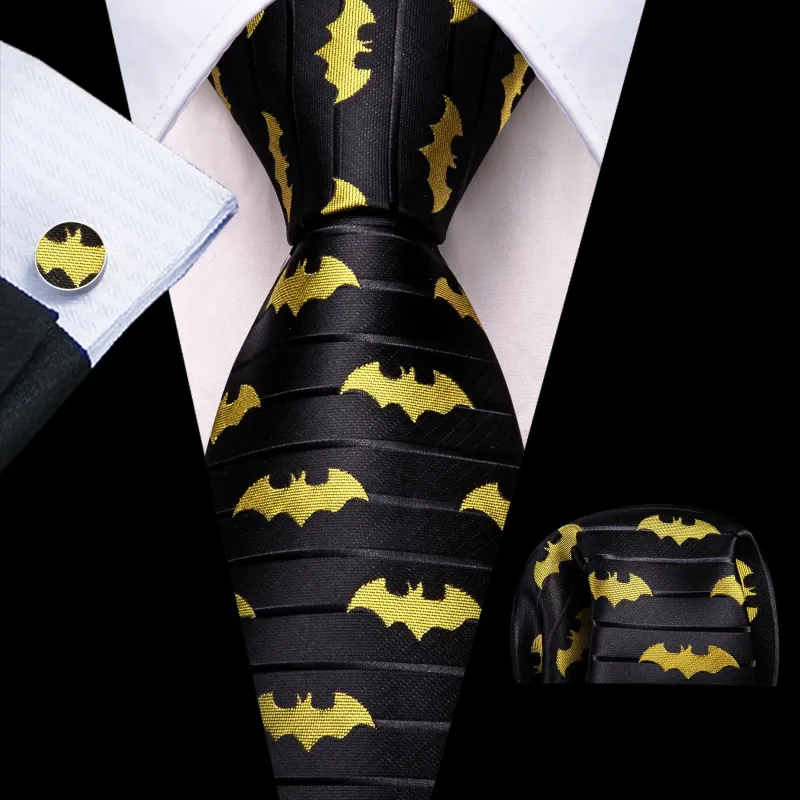 Ties2you Black Tie Yellow Bat Pattern Striped Men's Silk Tie Pocket Square Cufflinks Set sold by Ties2You