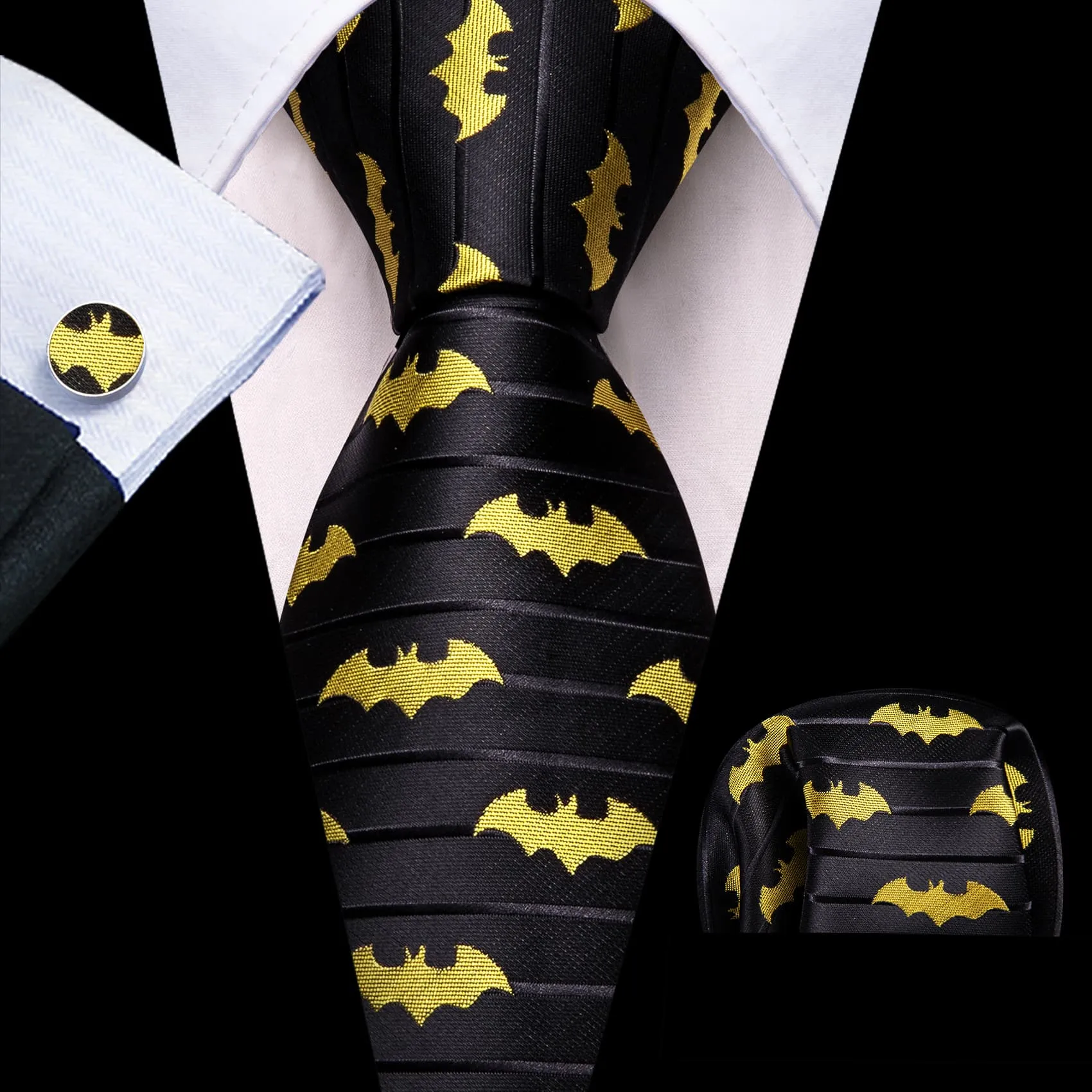 Ties2you Black Tie Yellow Bat Pattern Striped Men's Silk Tie Pocket Square Cufflinks Set sold by Ties2You