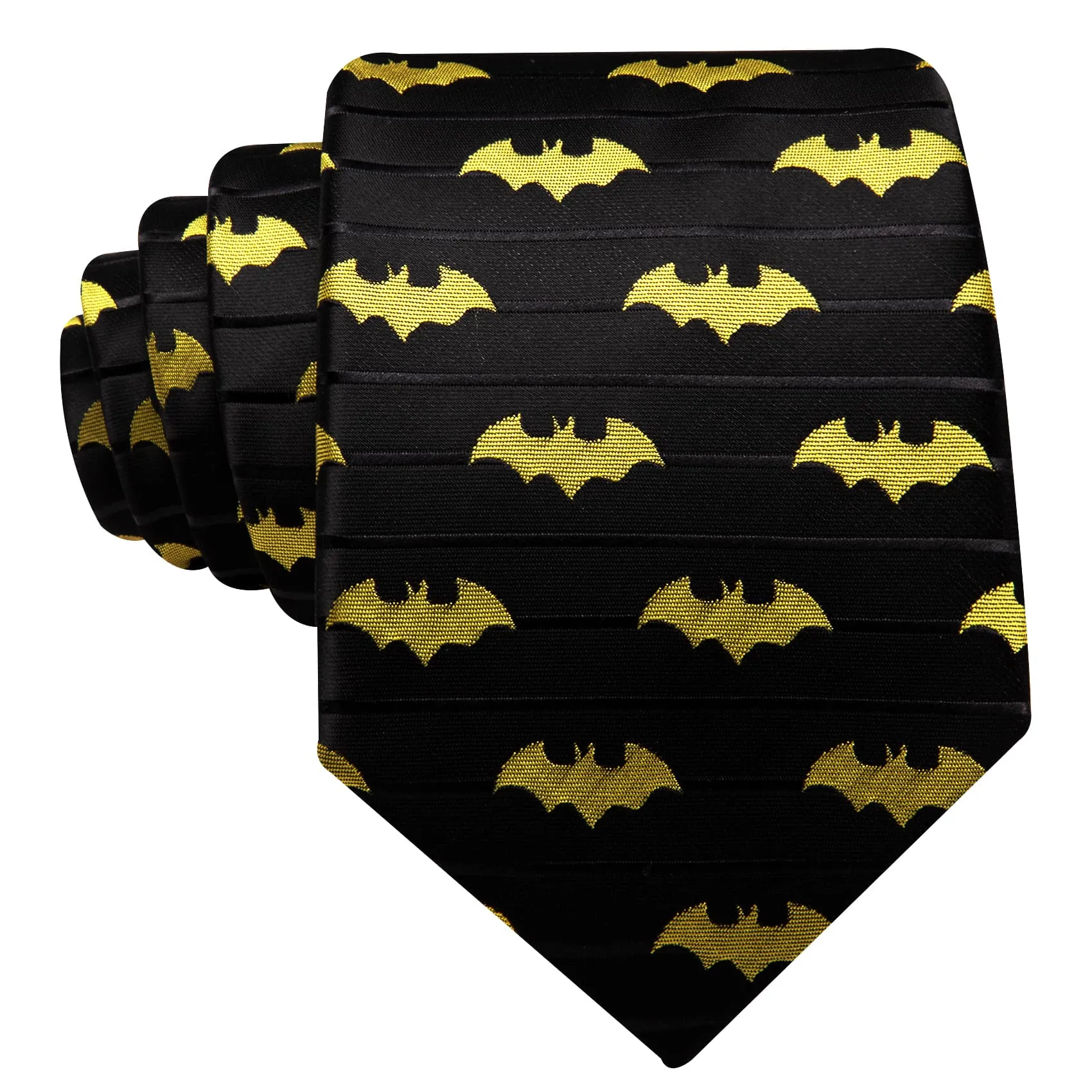 Ties2you Black Tie Yellow Bat Pattern Striped Men's Silk Tie Pocket Square Cufflinks Set sold by Ties2You product image thumbnail 5