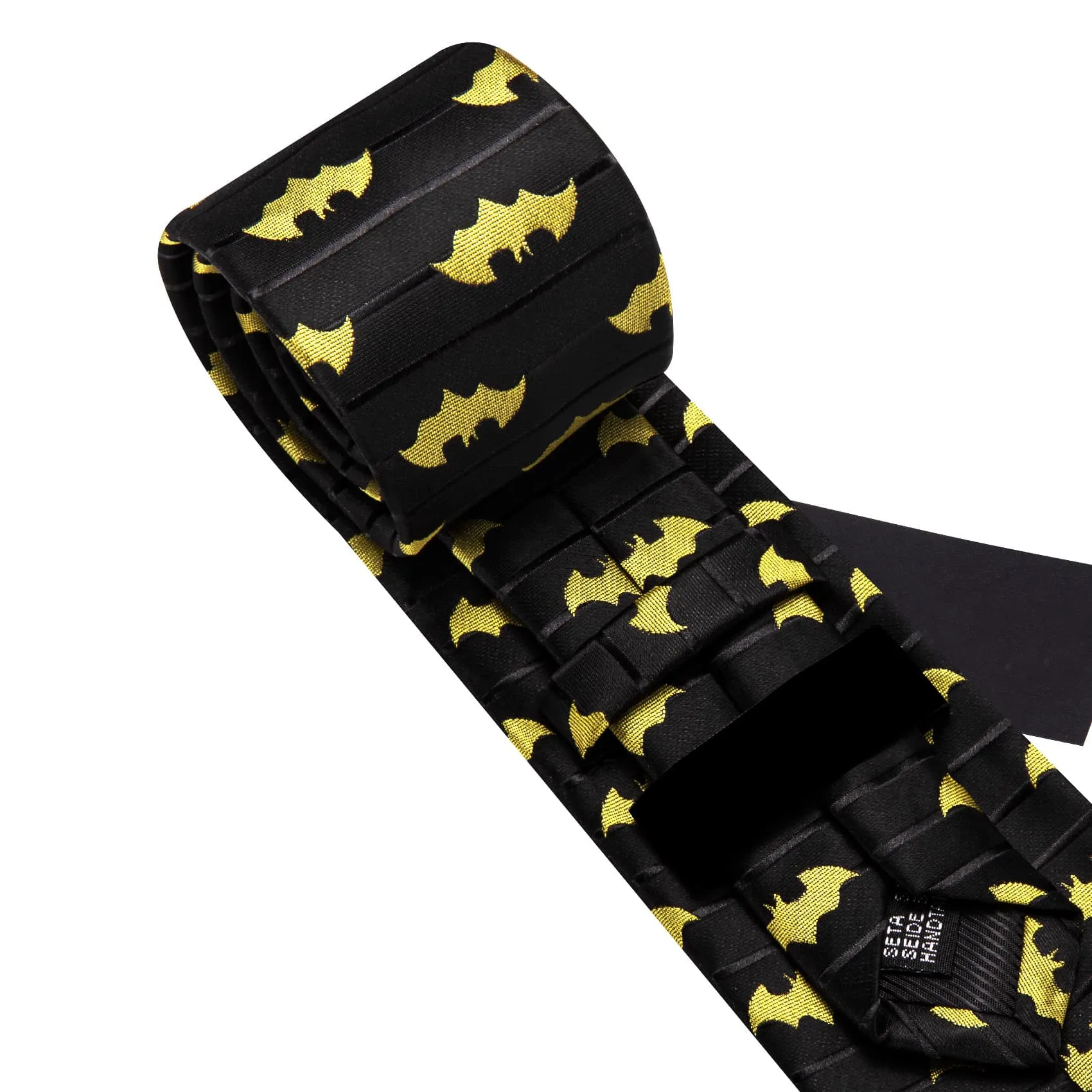 Ties2you Black Tie Yellow Bat Pattern Striped Men's Silk Tie Pocket Square Cufflinks Set sold by Ties2You product image thumbnail 4