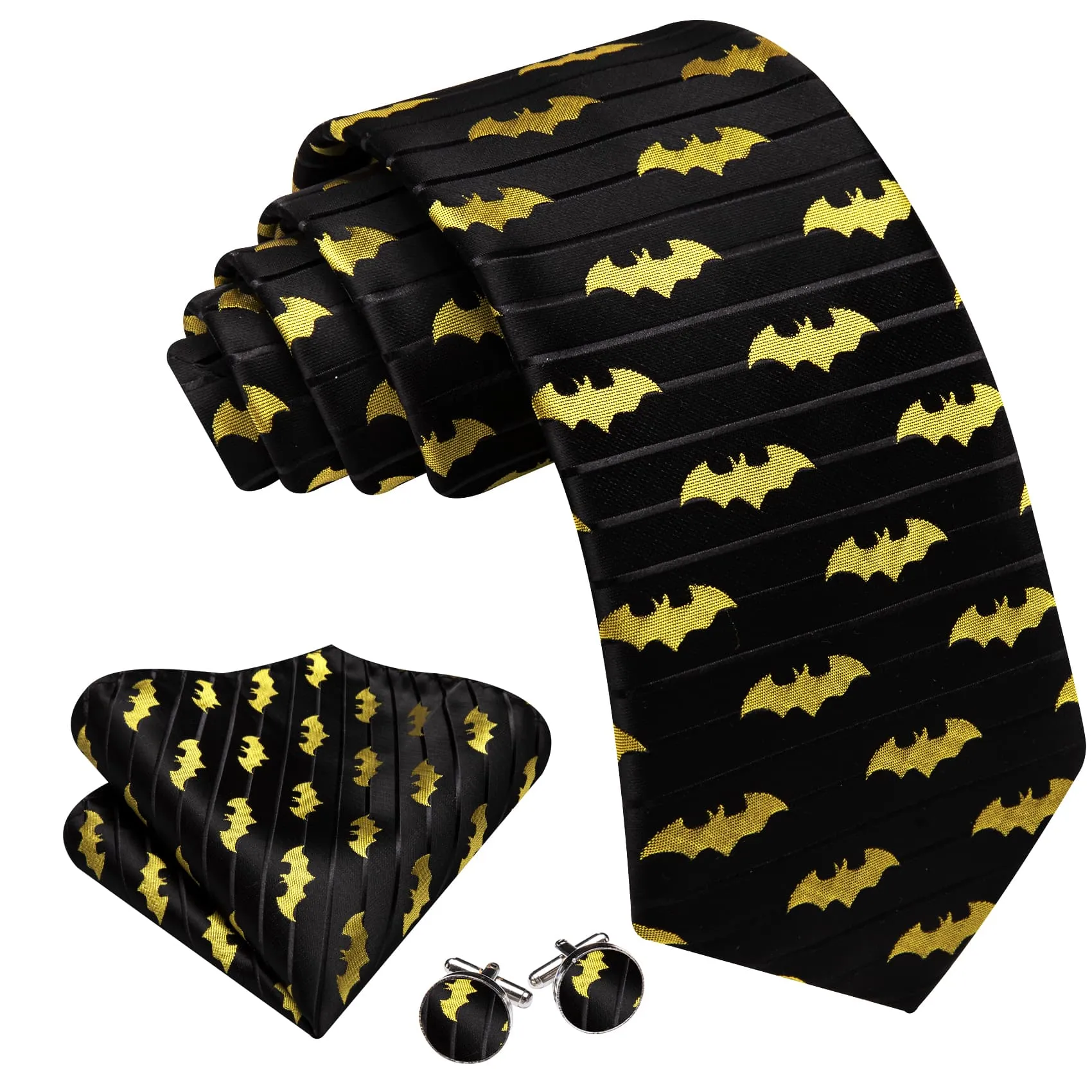 Ties2you Black Tie Yellow Bat Pattern Striped Men's Silk Tie Pocket Square Cufflinks Set sold by Ties2You product image thumbnail 2