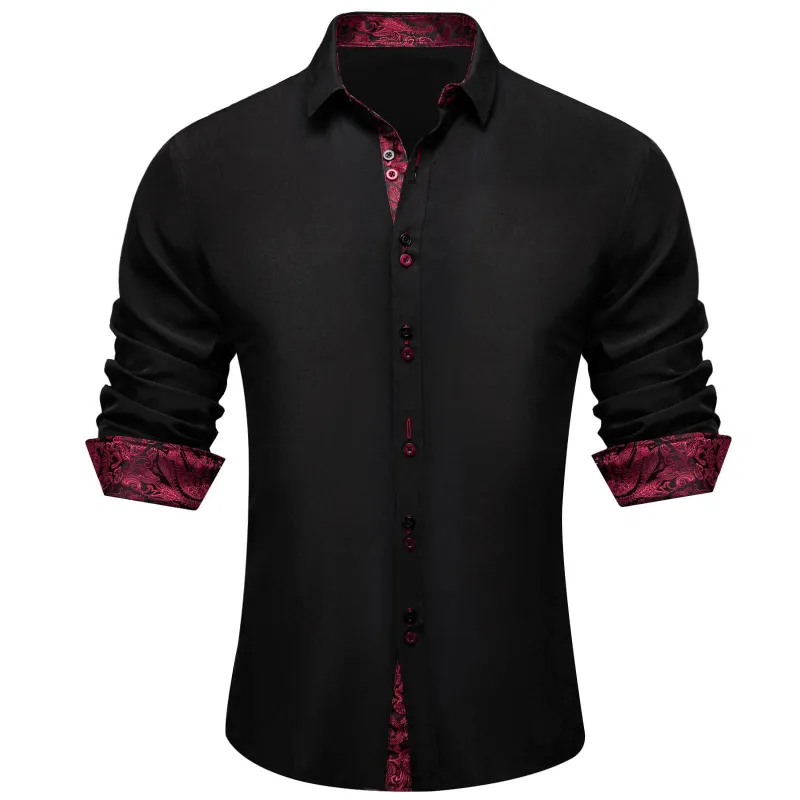 Ties2you Men's Shirt Black Solid Red Paisley Splicing Silk Dress Shirt sold by Ties2You