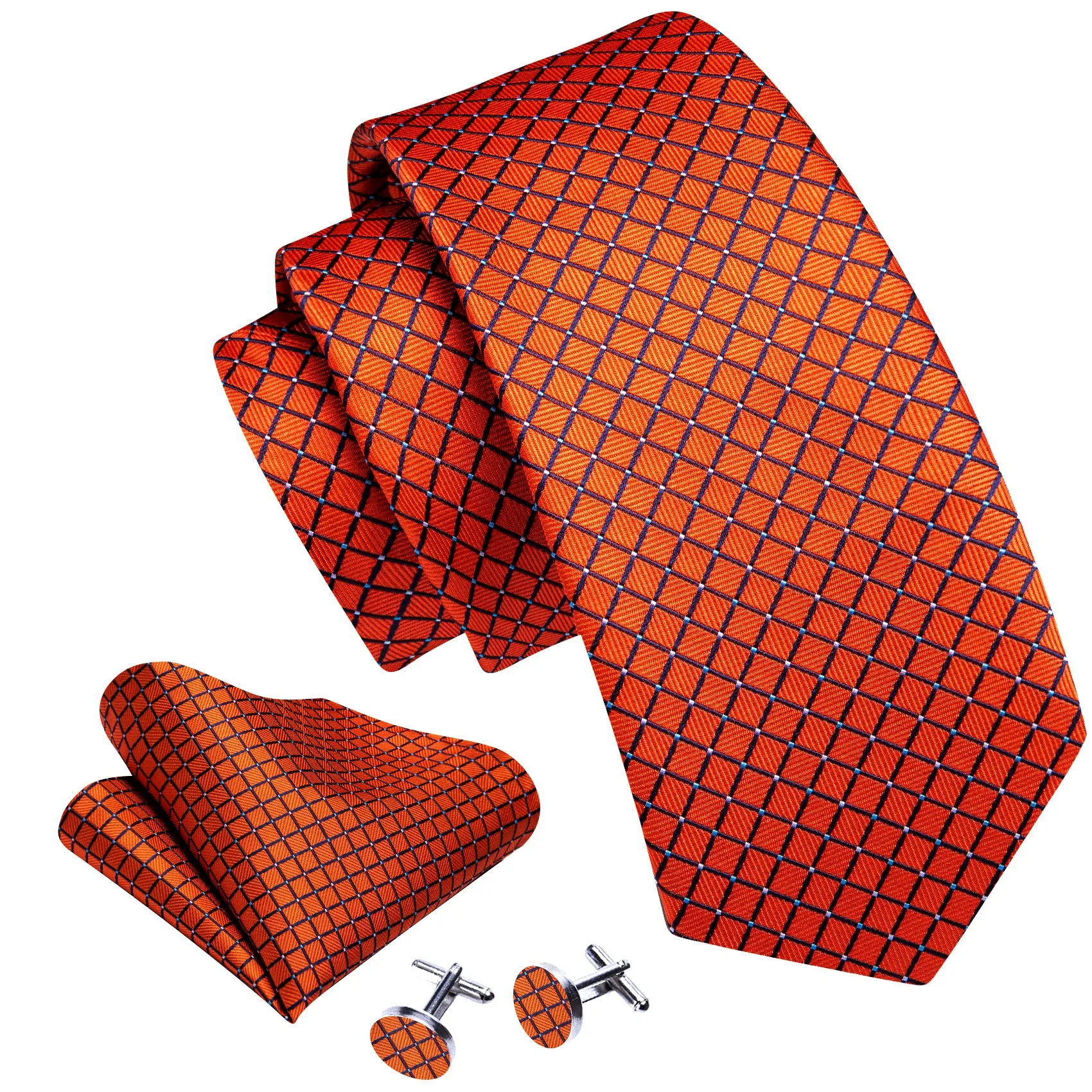 Orange Plaid Men's Tie Pocket Square Cufflinks Set sold by Ties2You product image thumbnail 2