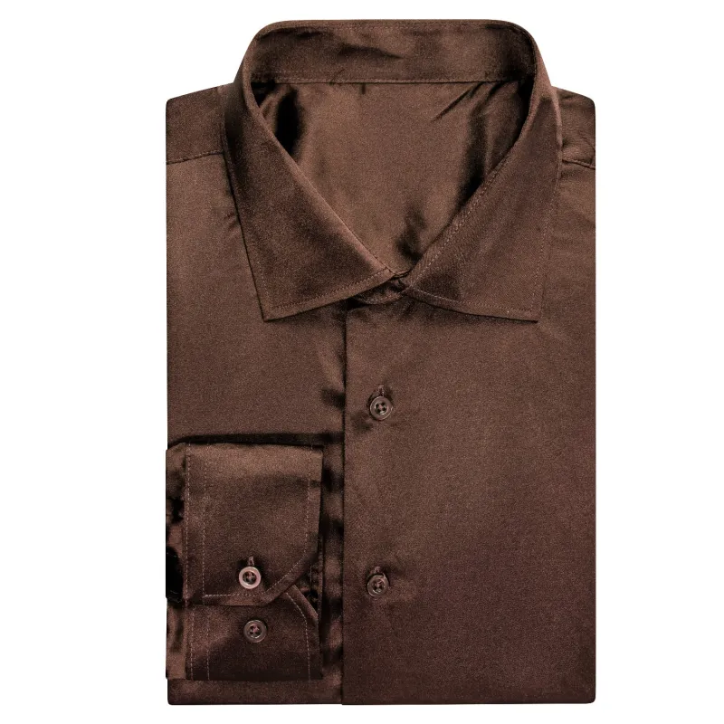 Deep Brown Solid Satin Men's Long Sleeve Shirt sold by Ties2You