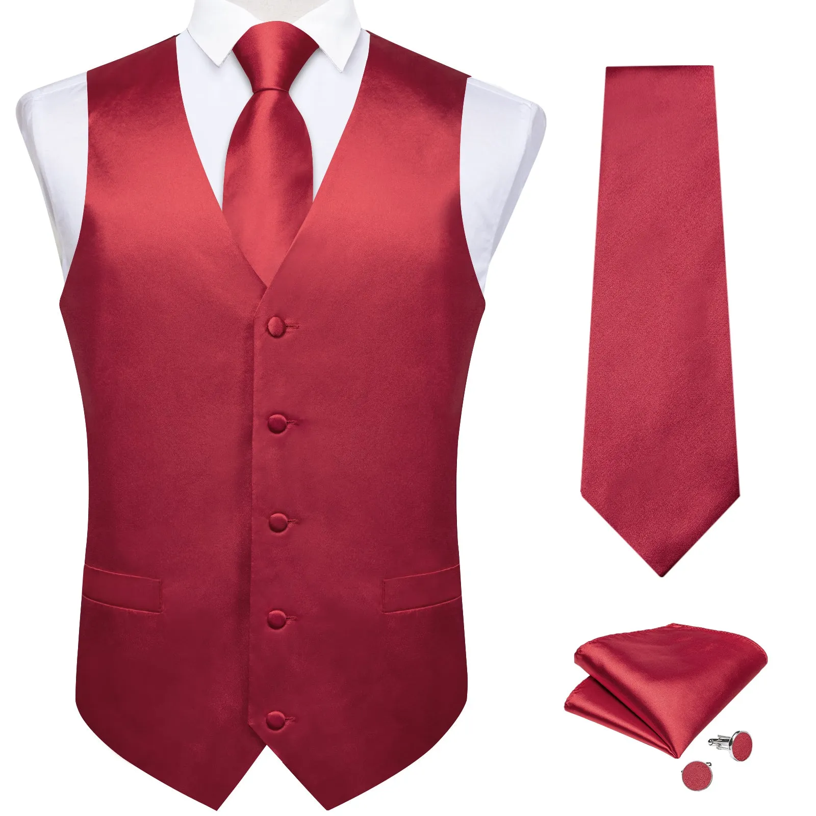 Dark Red Solid Satin Men's Vest Tie Set sold by Ties2You product image thumbnail 2