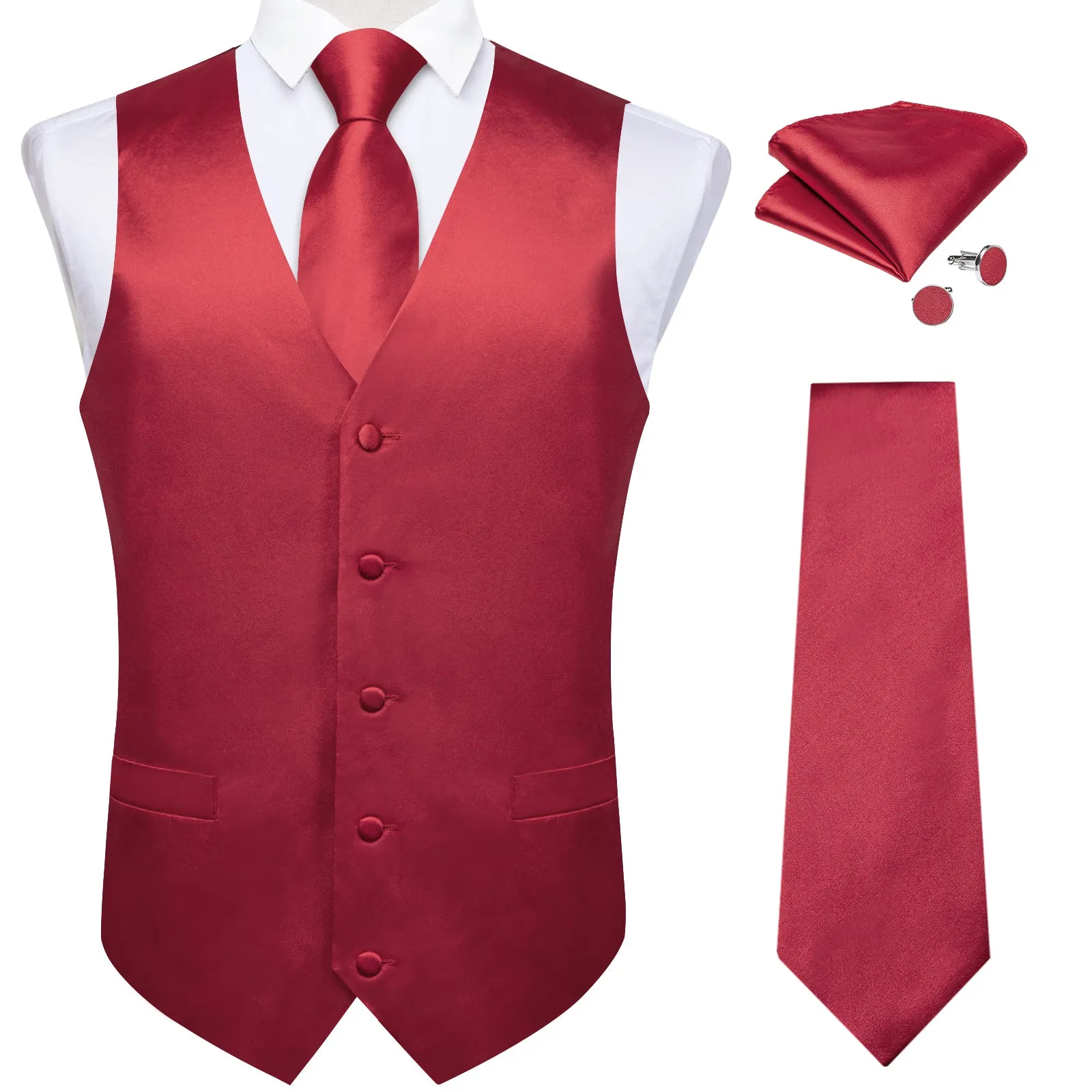 Dark Red Solid Satin Men's Vest Tie Set sold by Ties2You product image thumbnail 3
