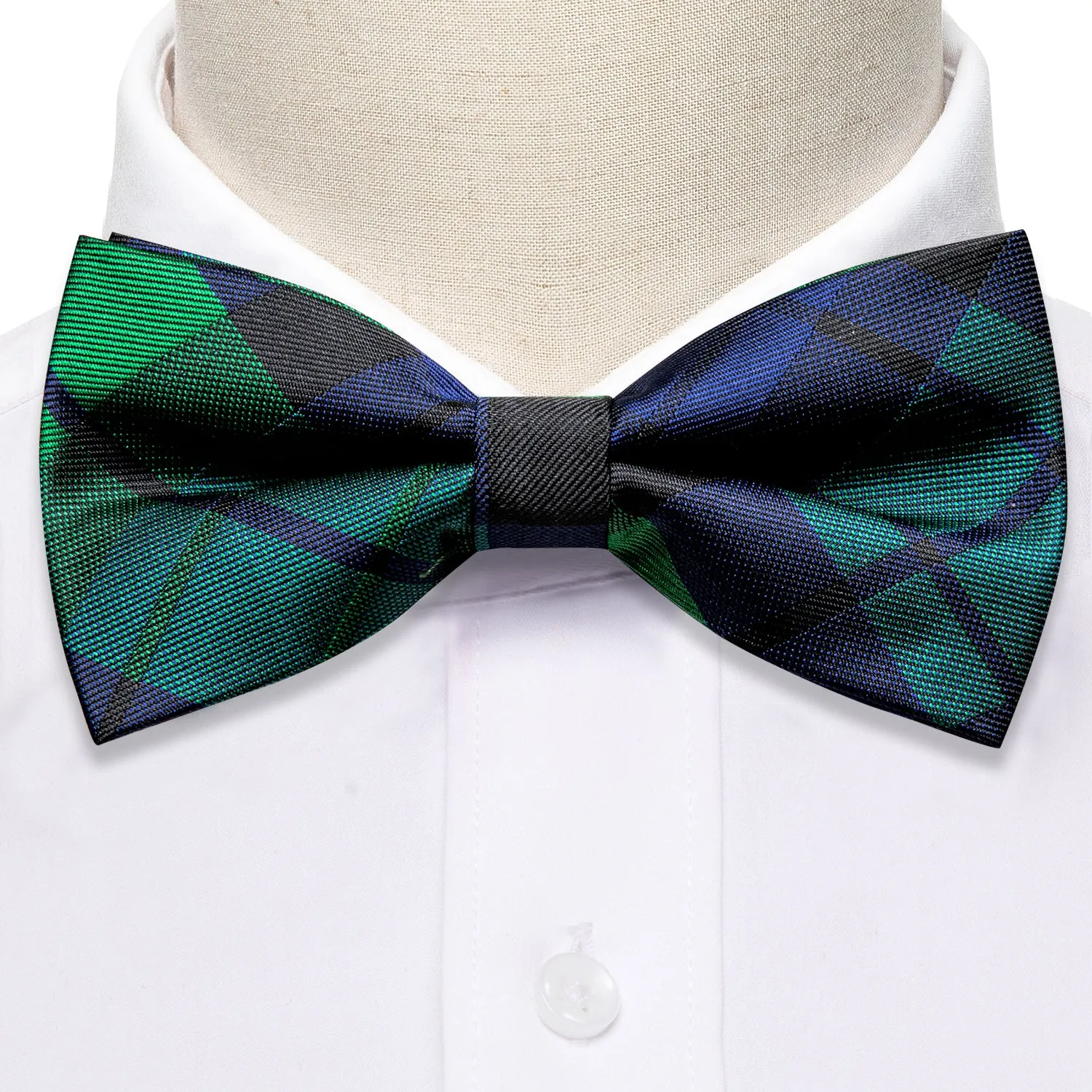 Green Blue Plaid Pre-tied Silk Bow Tie Pocket Square Cufflinks Set sold by Ties2You product image thumbnail 4
