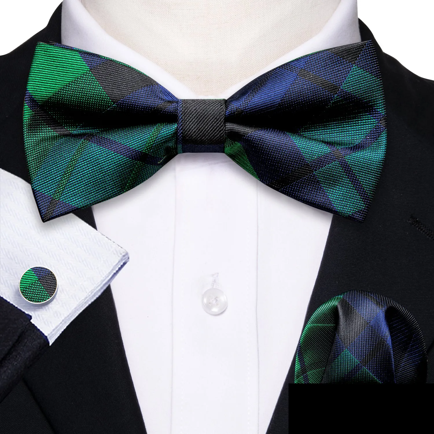 Green Blue Plaid Pre-tied Silk Bow Tie Pocket Square Cufflinks Set sold by Ties2You