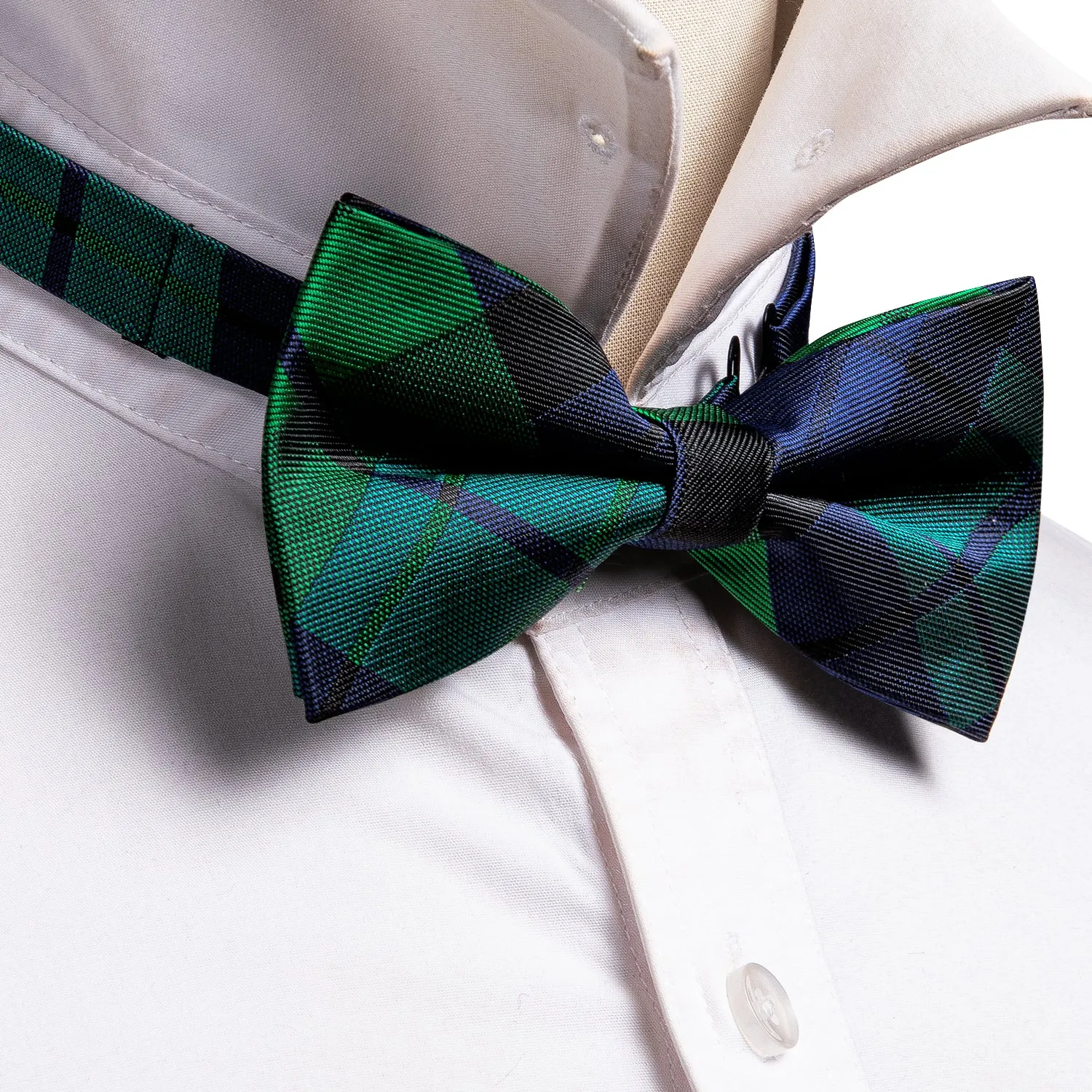 Green Blue Plaid Pre-tied Silk Bow Tie Pocket Square Cufflinks Set sold by Ties2You product image thumbnail 3