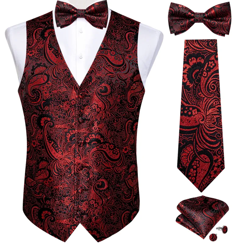 Black Red Paisley Jacquard Silk Men's Vest Hanky Cufflinks Tie Set sold by Ties2You