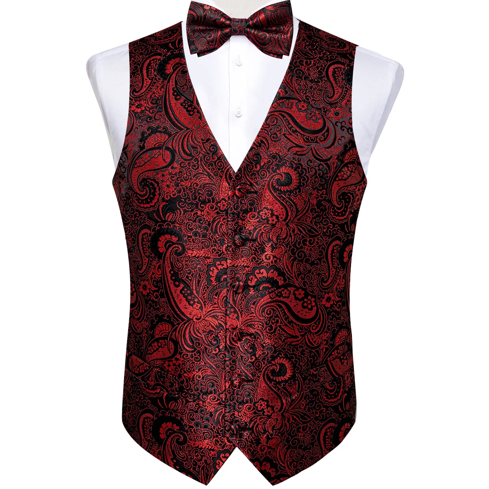 Black Red Paisley Jacquard Silk Men's Vest Hanky Cufflinks Tie Set sold by Ties2You product image thumbnail 2
