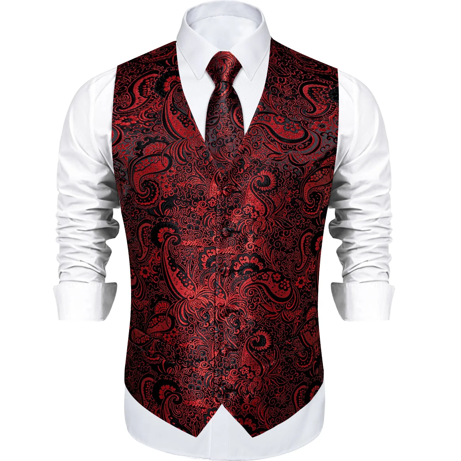 Black Red Paisley Jacquard Silk Men's Vest Hanky Cufflinks Tie Set sold by Ties2You product image thumbnail 3