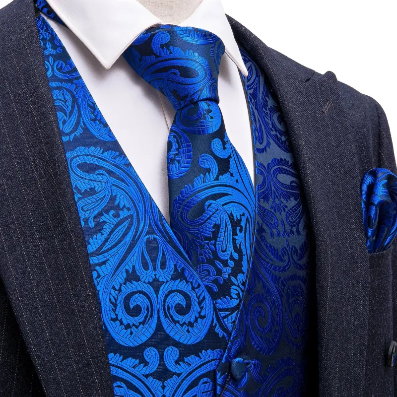 Men's  Blue Paisley Silk Men's Vest Hanky Cufflinks Tie Set sold by Ties2You