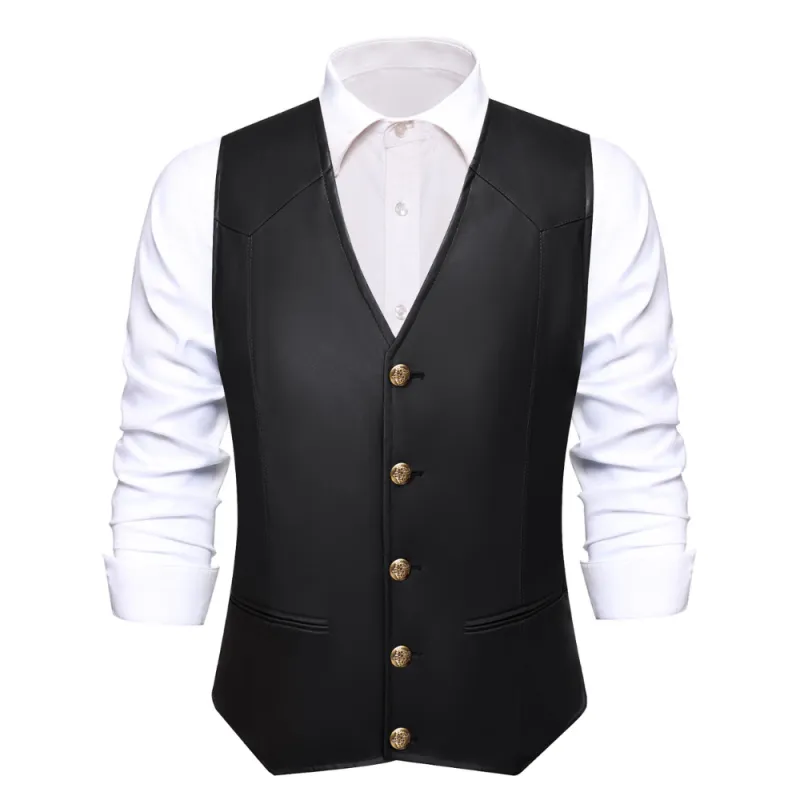 Ties2you Black Solid Men's V-neck Leather Vest sold by Ties2You