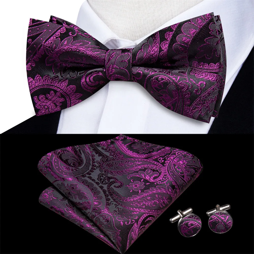Ties2you Black Purple Paisley Pre-tied Bow Tie Hanky Cufflinks Set sold by Ties2You