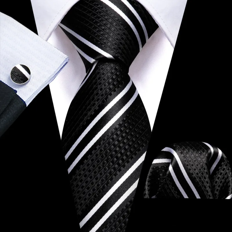 Ties2you Silk Tie Black White Striped Men's Tie Handkerchief Cufflinks Set Business sold by Ties2You