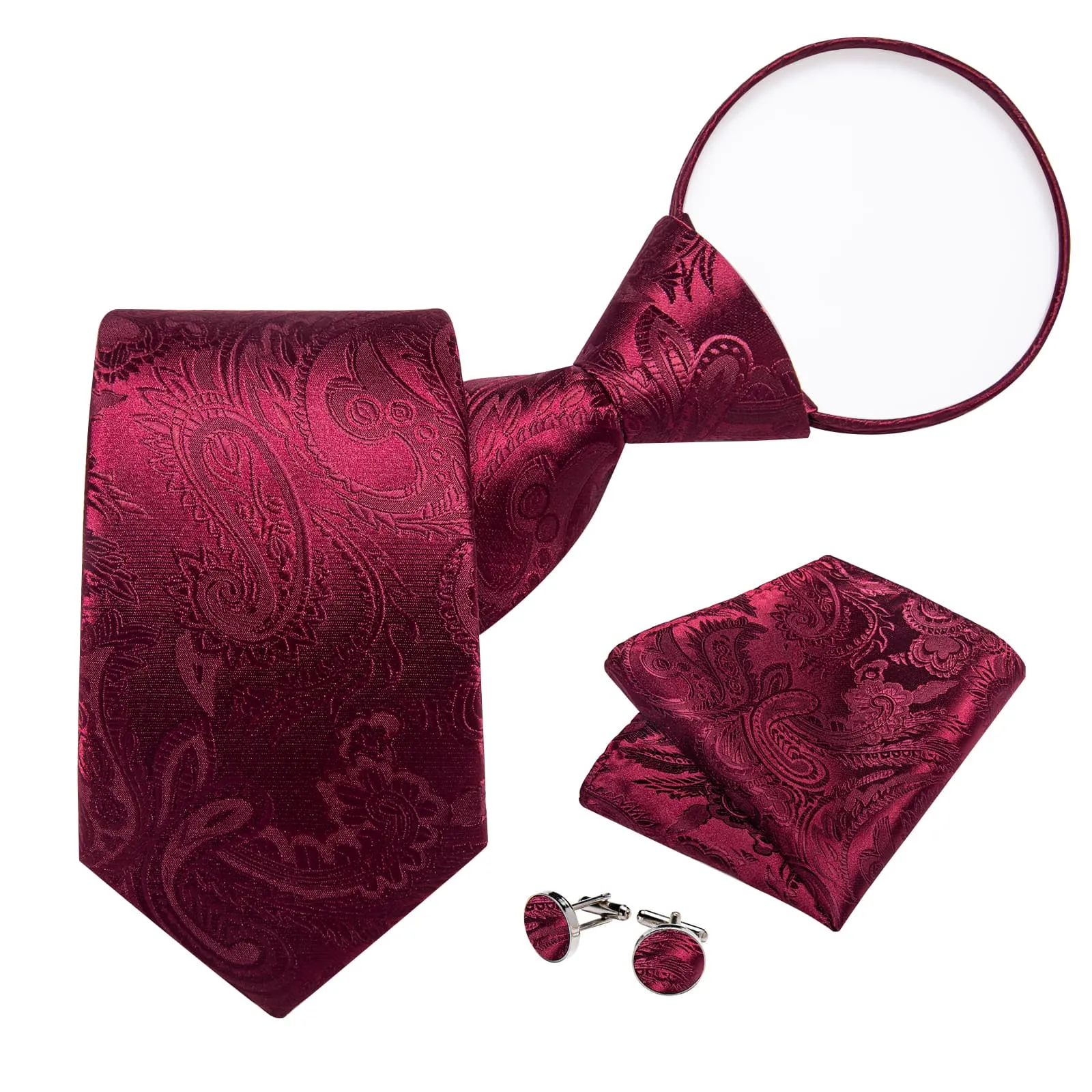 Ties2you Zipper Tie Burgundy Paisley Easy-pull Pre-tied Necktie Handkerchief Cufflinks Set sold by Ties2You product image thumbnail 2