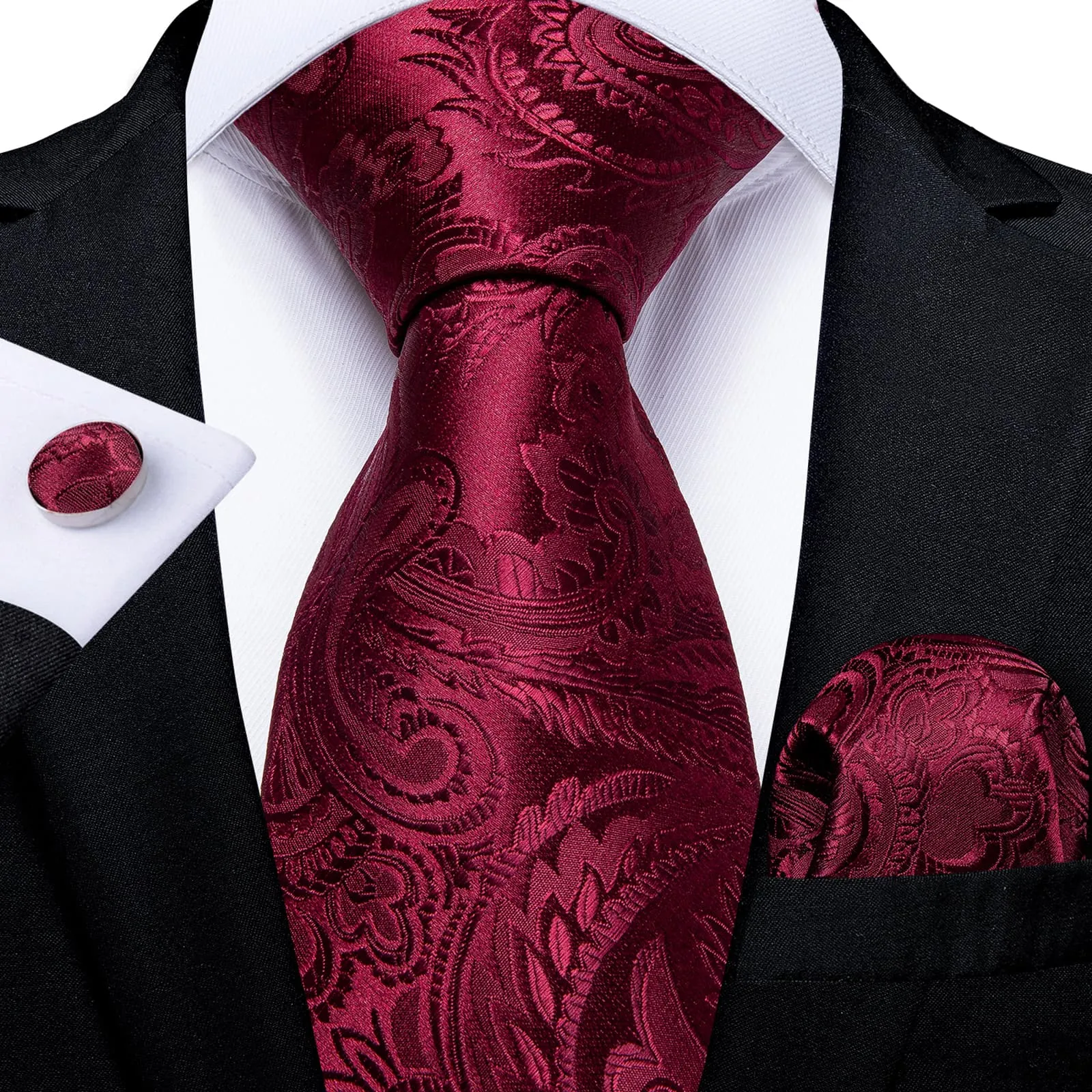 Ties2you Zipper Tie Burgundy Paisley Easy-pull Pre-tied Necktie Handkerchief Cufflinks Set sold by Ties2You