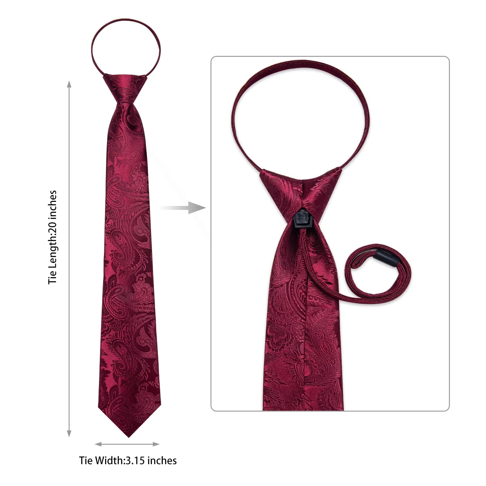 Ties2you Zipper Tie Burgundy Paisley Easy-pull Pre-tied Necktie Handkerchief Cufflinks Set sold by Ties2You product image thumbnail 4