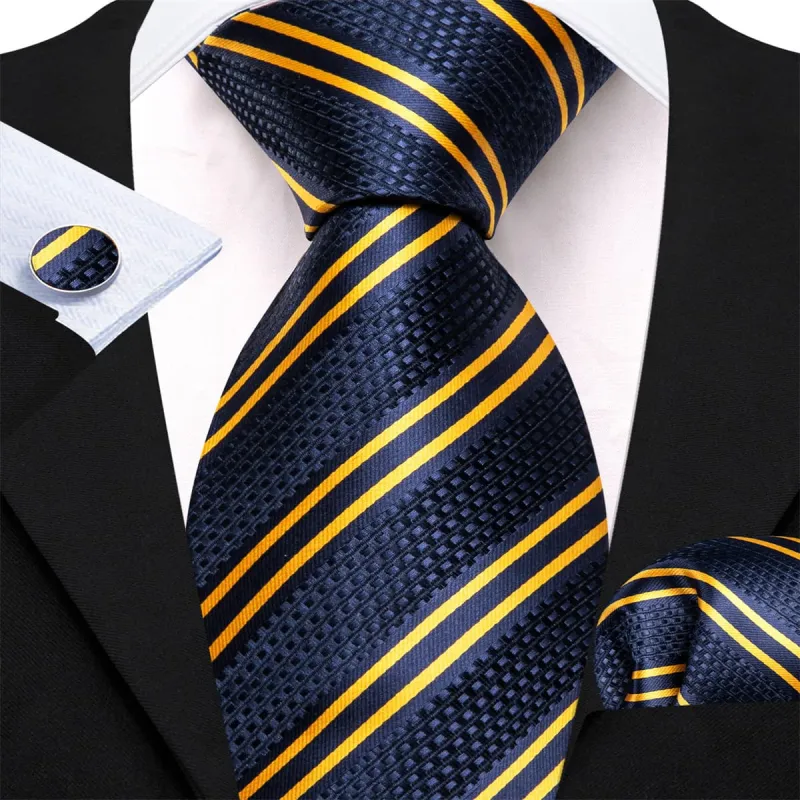 Ties2you Silk Tie Berry Blue Gold Striped Men's Tie Pocket Square Cufflinks Set sold by Ties2You