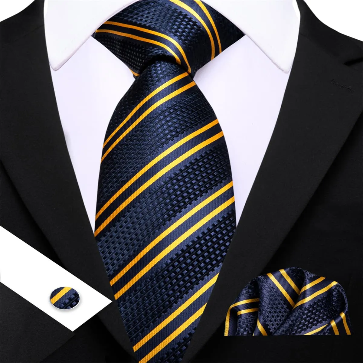 Ties2you Silk Tie Berry Blue Gold Striped Men's Tie Pocket Square Cufflinks Set sold by Ties2You product image thumbnail 3
