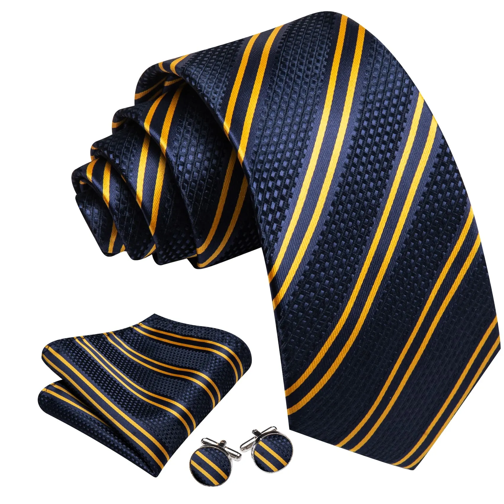 Ties2you Silk Tie Berry Blue Gold Striped Men's Tie Pocket Square Cufflinks Set sold by Ties2You product image thumbnail 2