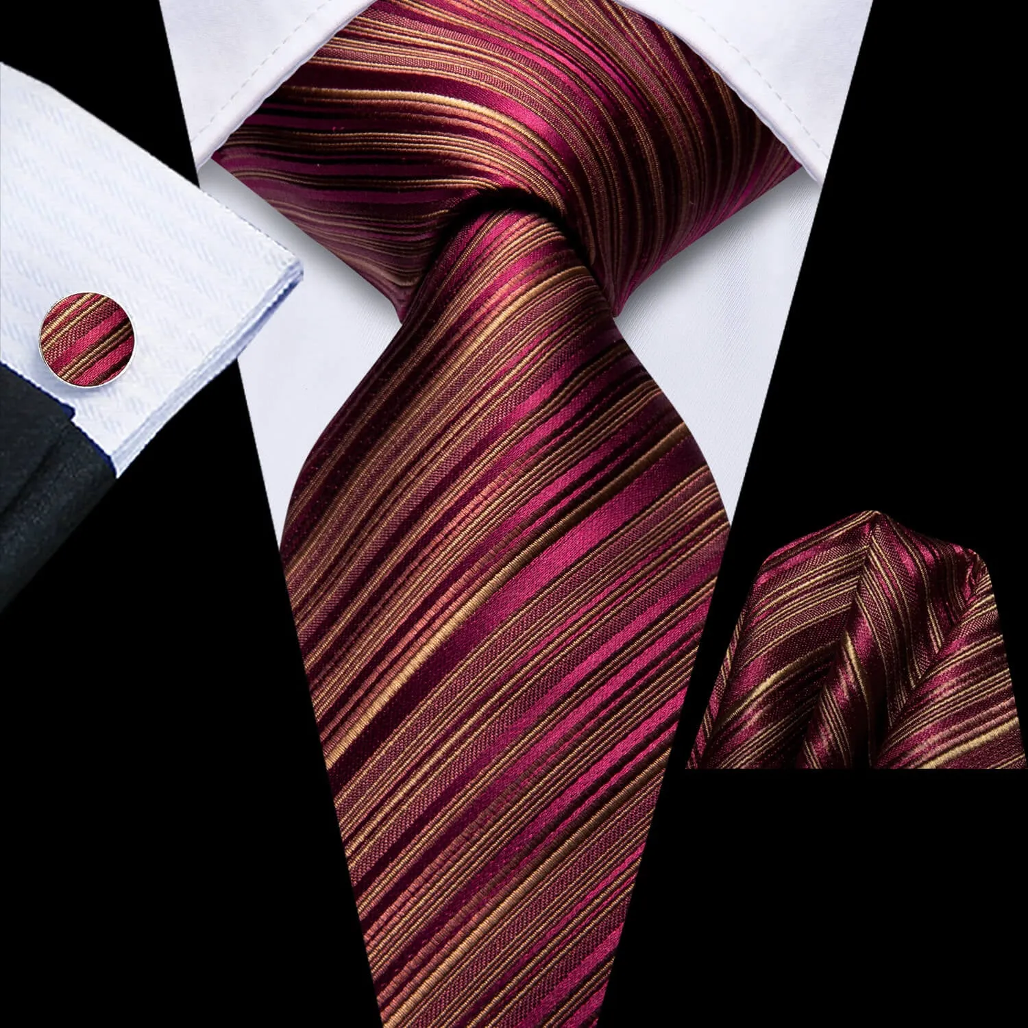 Ties2you Burgundy Silk Mens Tie Striped Necktie Hanky Cufflinks Set for Wedding Party sold by Ties2You