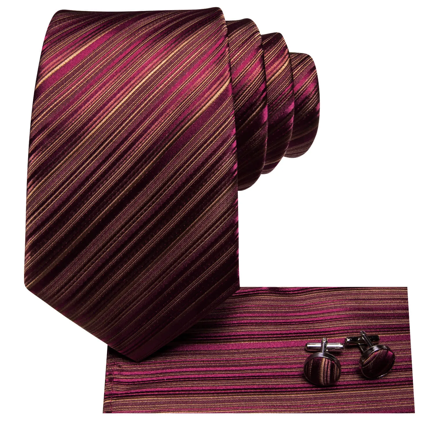 Ties2you Burgundy Silk Mens Tie Striped Necktie Hanky Cufflinks Set for Wedding Party sold by Ties2You product image thumbnail 5