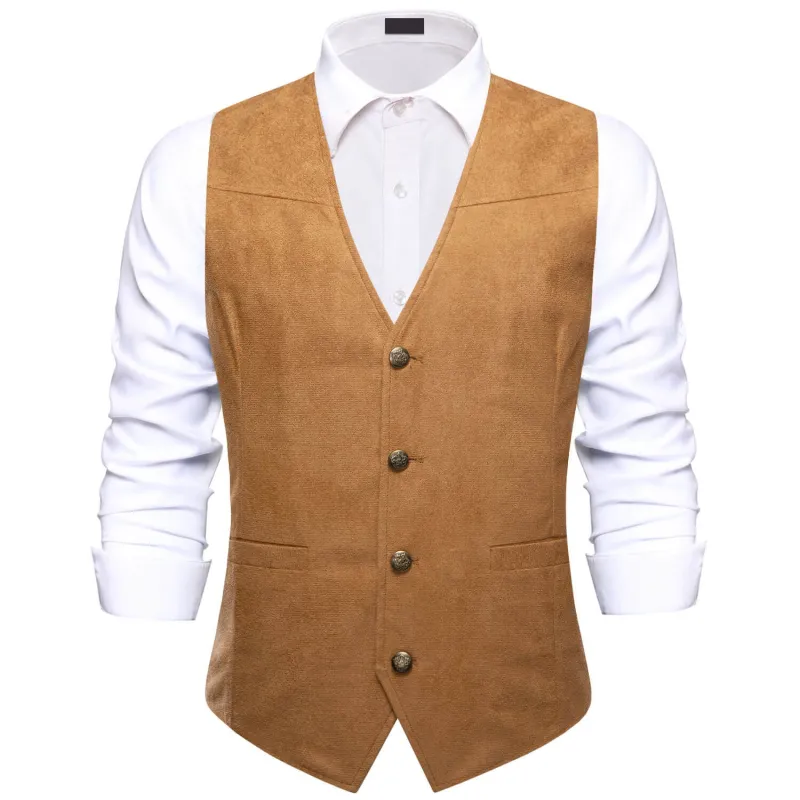 Ties2you Buttons Vest Men's Copper Brown Suede Leather Solid Single Waistcoat sold by Ties2You