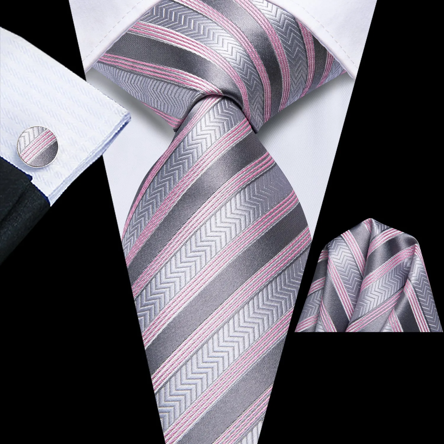 Grey Pink Striped Silk Men's Necktie Pocket Square Cufflinks Set sold by Ties2You