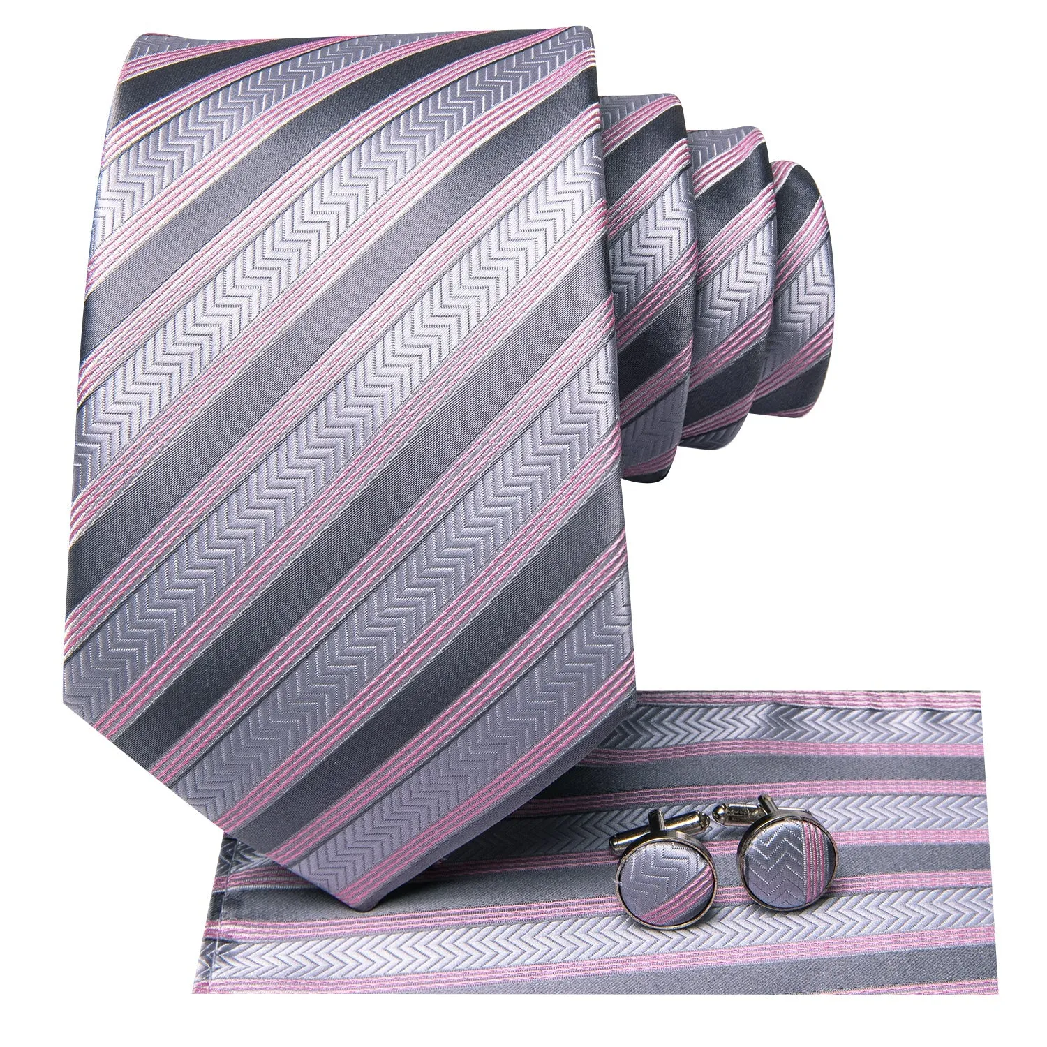 Grey Pink Striped Silk Men's Necktie Pocket Square Cufflinks Set sold by Ties2You product image thumbnail 2
