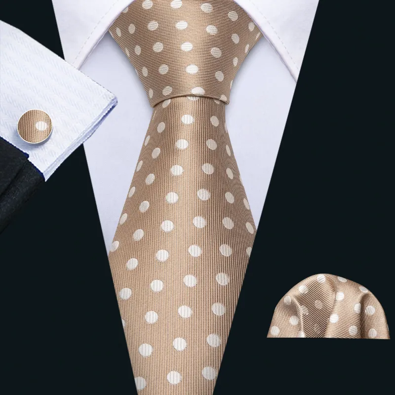 Ties2you Polka Dot Joker Tie Khaki White Polka Dot Silk Men's Tie Pocket Square Cufflinks Set for Suit made by Ties2You