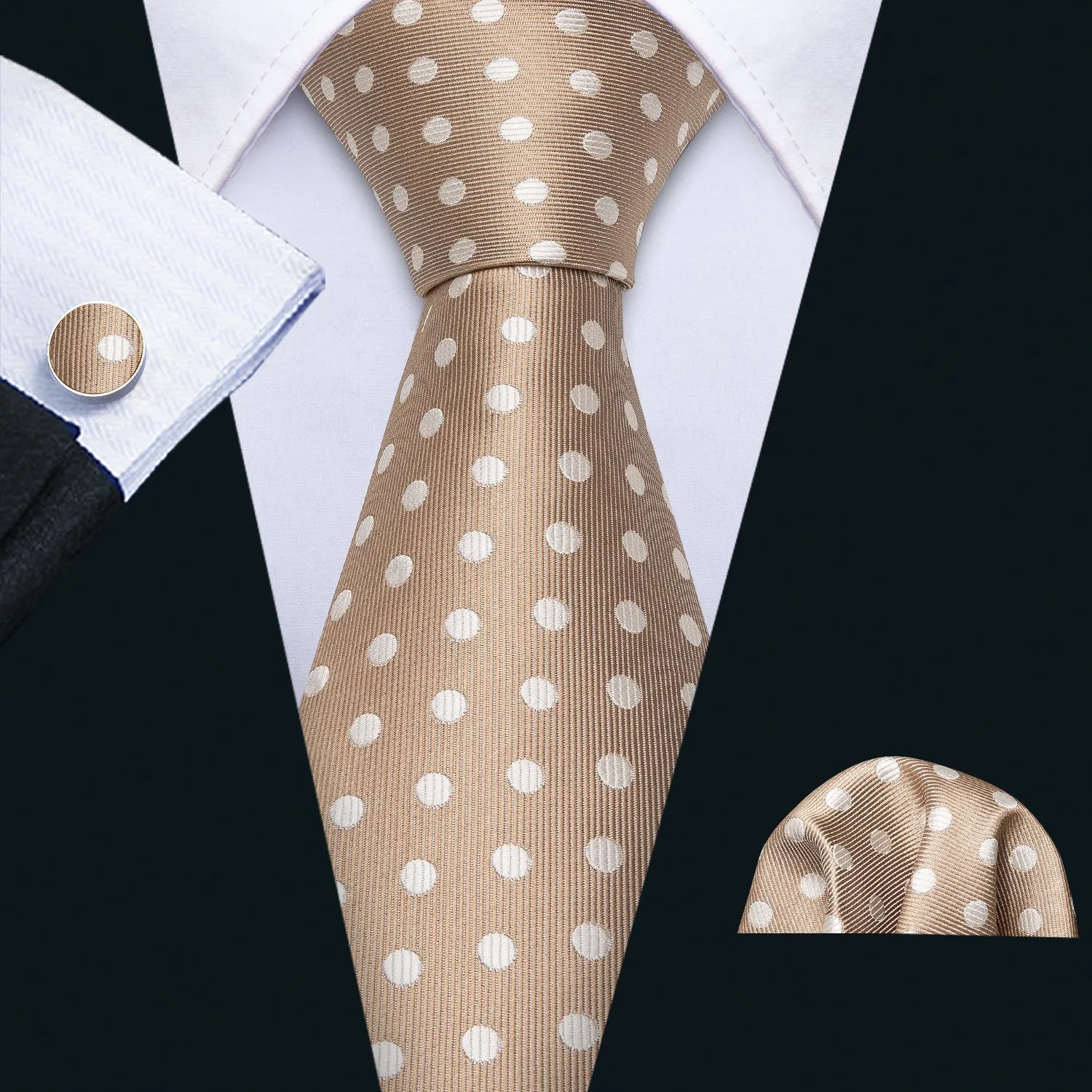Ties2you Polka Dot Joker Tie Khaki White Polka Dot Silk Men's Tie Pocket Square Cufflinks Set for Suit sold by Ties2You
