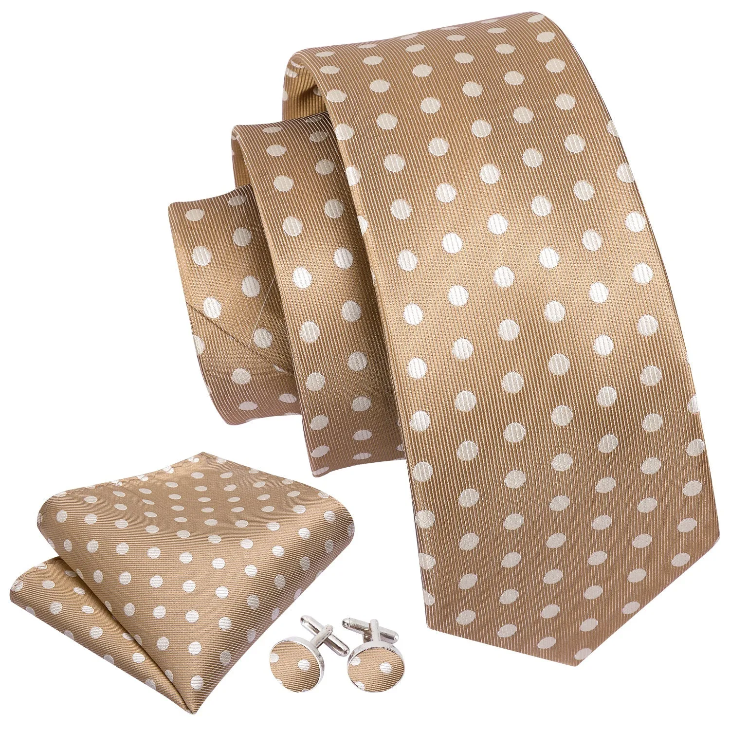 Ties2you Polka Dot Joker Tie Khaki White Polka Dot Silk Men's Tie Pocket Square Cufflinks Set for Suit sold by Ties2You product image thumbnail 2