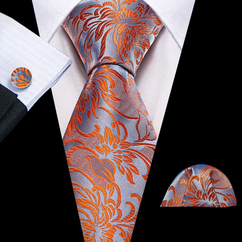 Orange Blue Floral Silk Tie Pocket Square Cufflinks Set sold by Ties2You