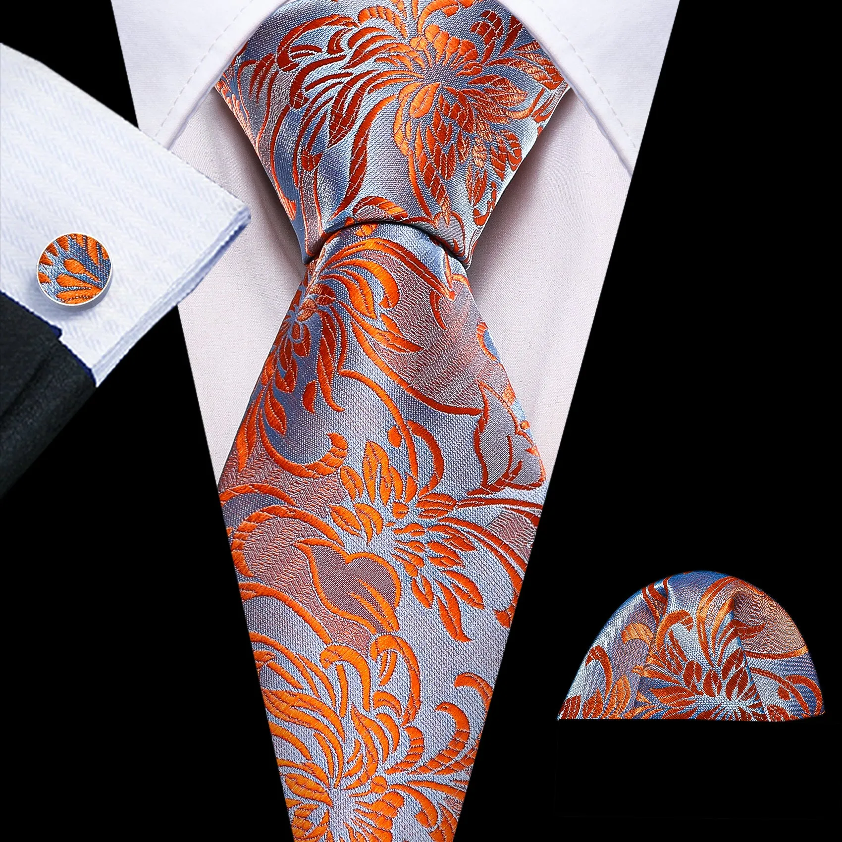 Orange Blue Floral Silk Tie Pocket Square Cufflinks Set sold by Ties2You