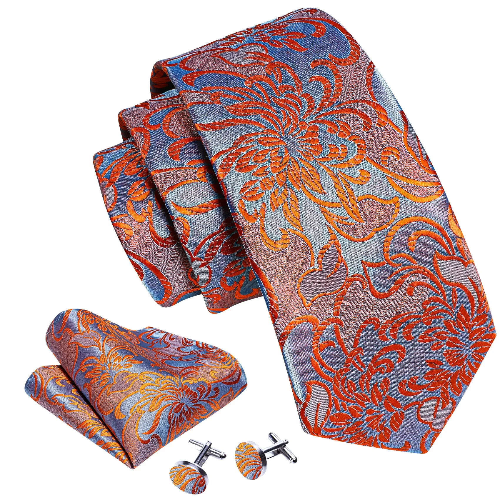 Orange Blue Floral Silk Tie Pocket Square Cufflinks Set sold by Ties2You product image thumbnail 2