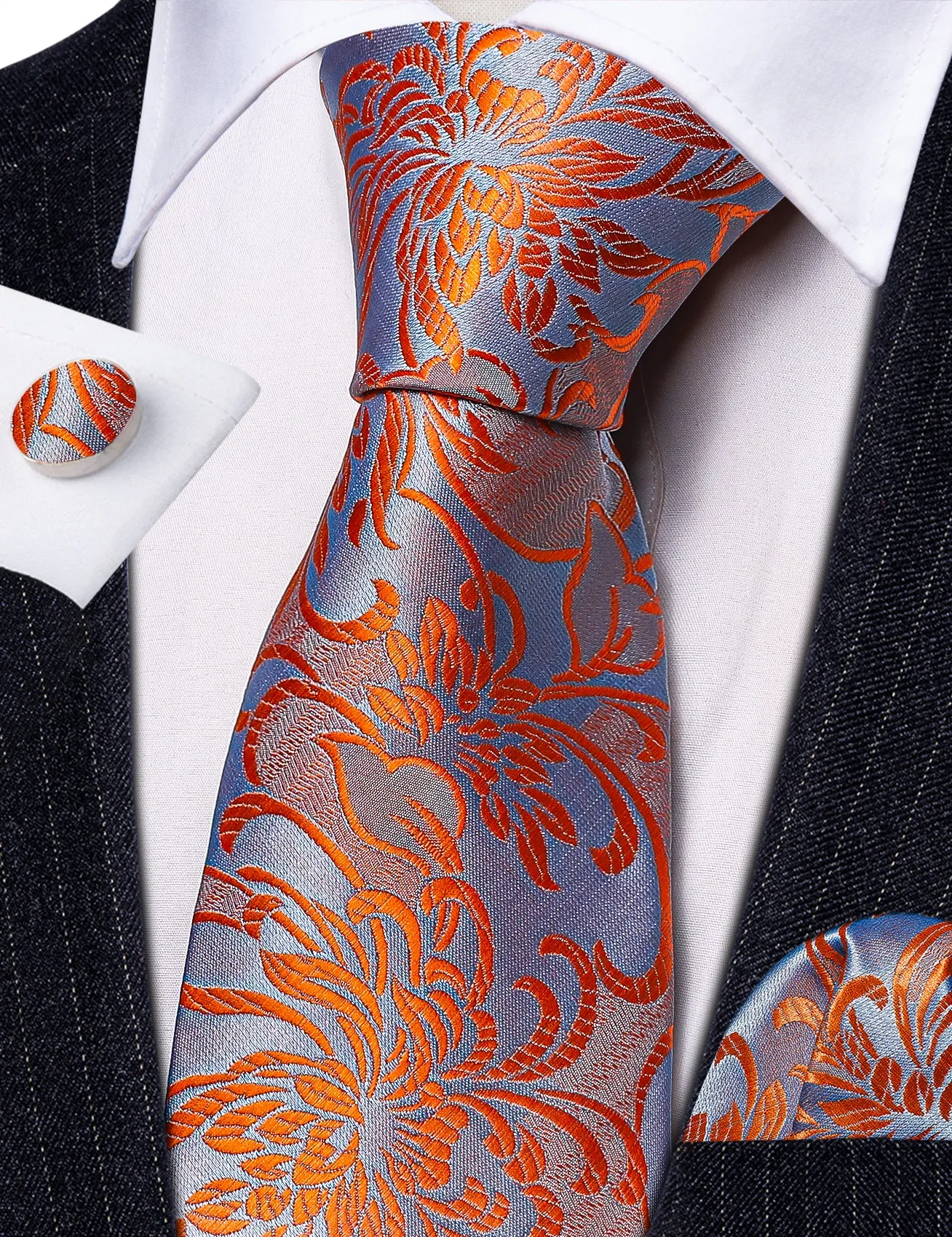 Orange Blue Floral Silk Tie Pocket Square Cufflinks Set sold by Ties2You product image thumbnail 4