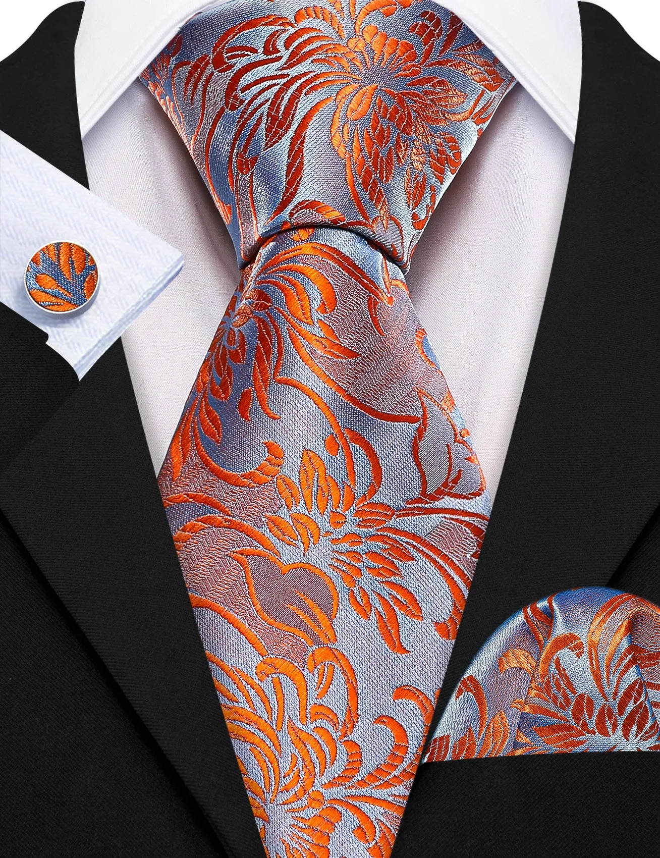 Orange Blue Floral Silk Tie Pocket Square Cufflinks Set sold by Ties2You product image thumbnail 3