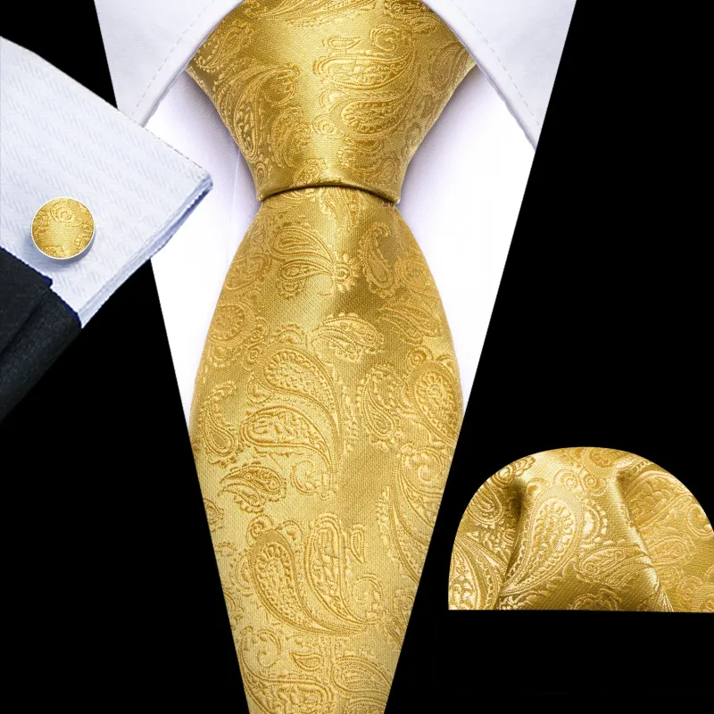 Yellow Paisley Men's 63 Inches Extra Length Tie Pocket Square Cufflinks Set sold by Ties2You