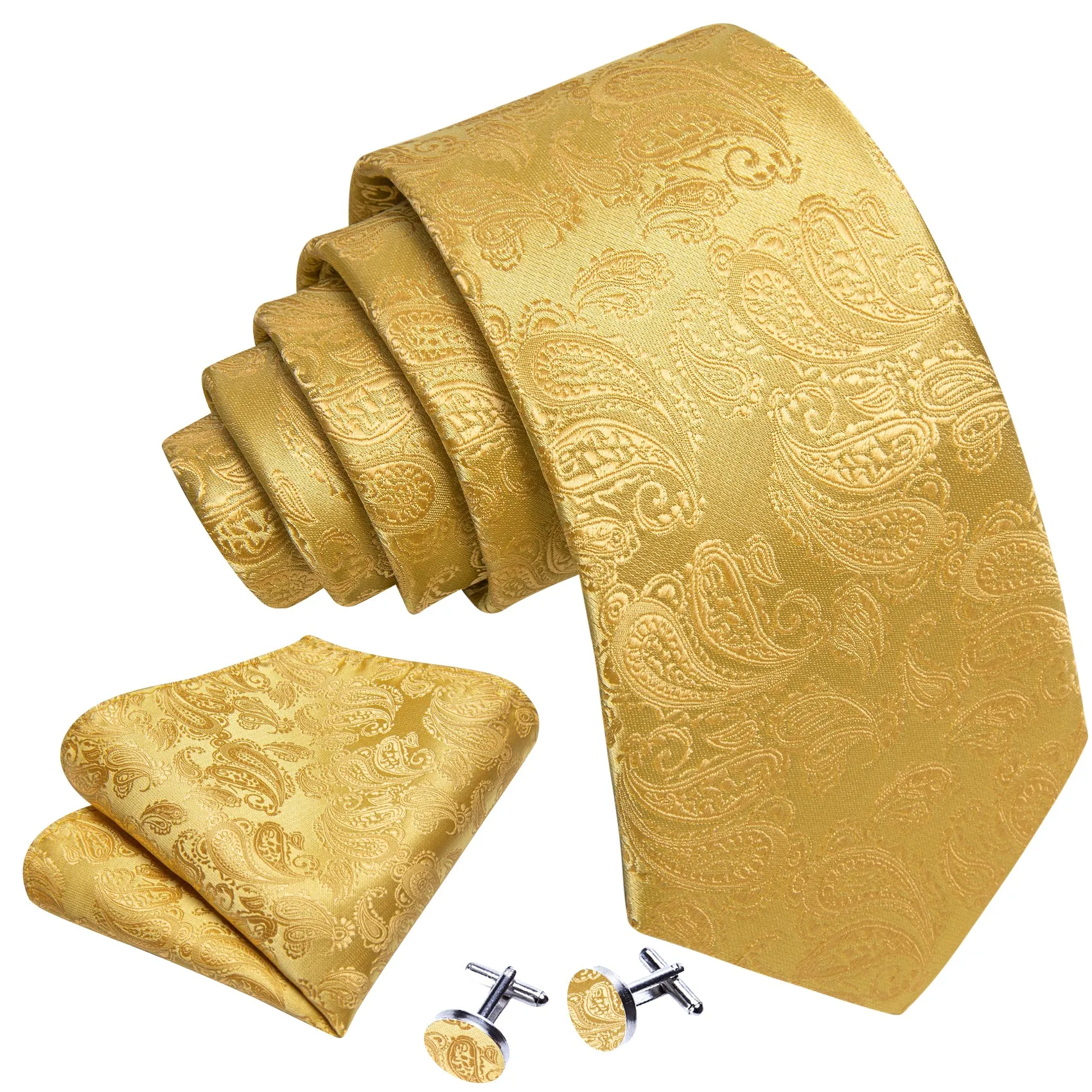 Yellow Paisley Men's 63 Inches Extra Length Tie Pocket Square Cufflinks Set sold by Ties2You product image thumbnail 2