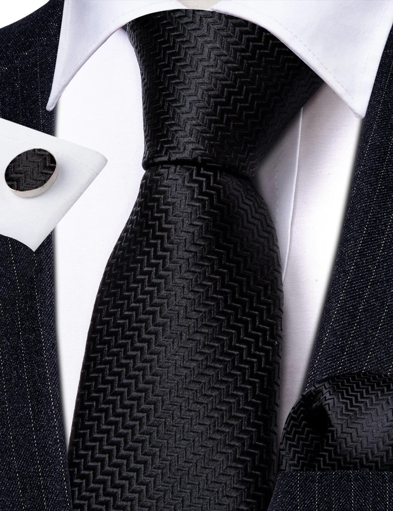 Pure Black Novelty Woven Men's 63 Inches Extra Length Tie Handkerchief Cufflinks Set sold by Ties2You product image thumbnail 4