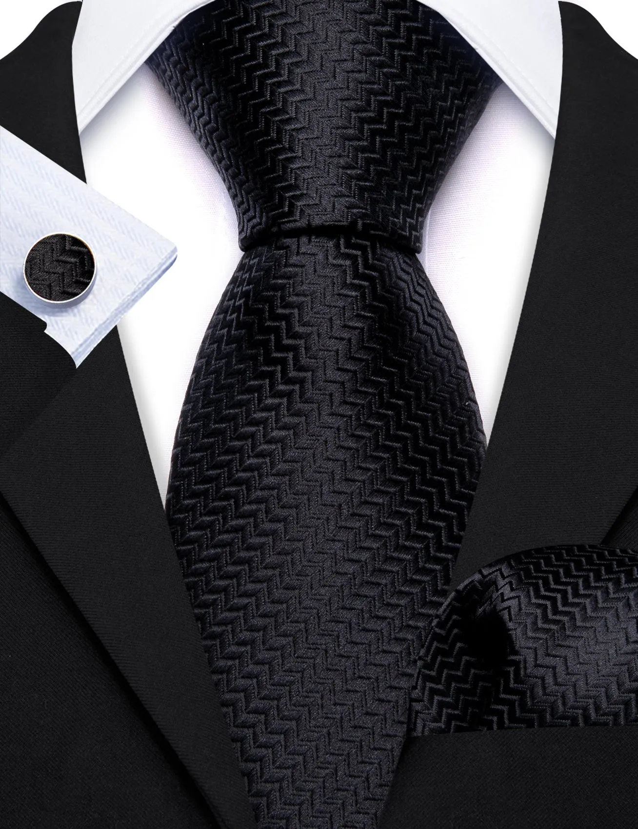 Pure Black Novelty Woven Men's 63 Inches Extra Length Tie Handkerchief Cufflinks Set sold by Ties2You product image thumbnail 5