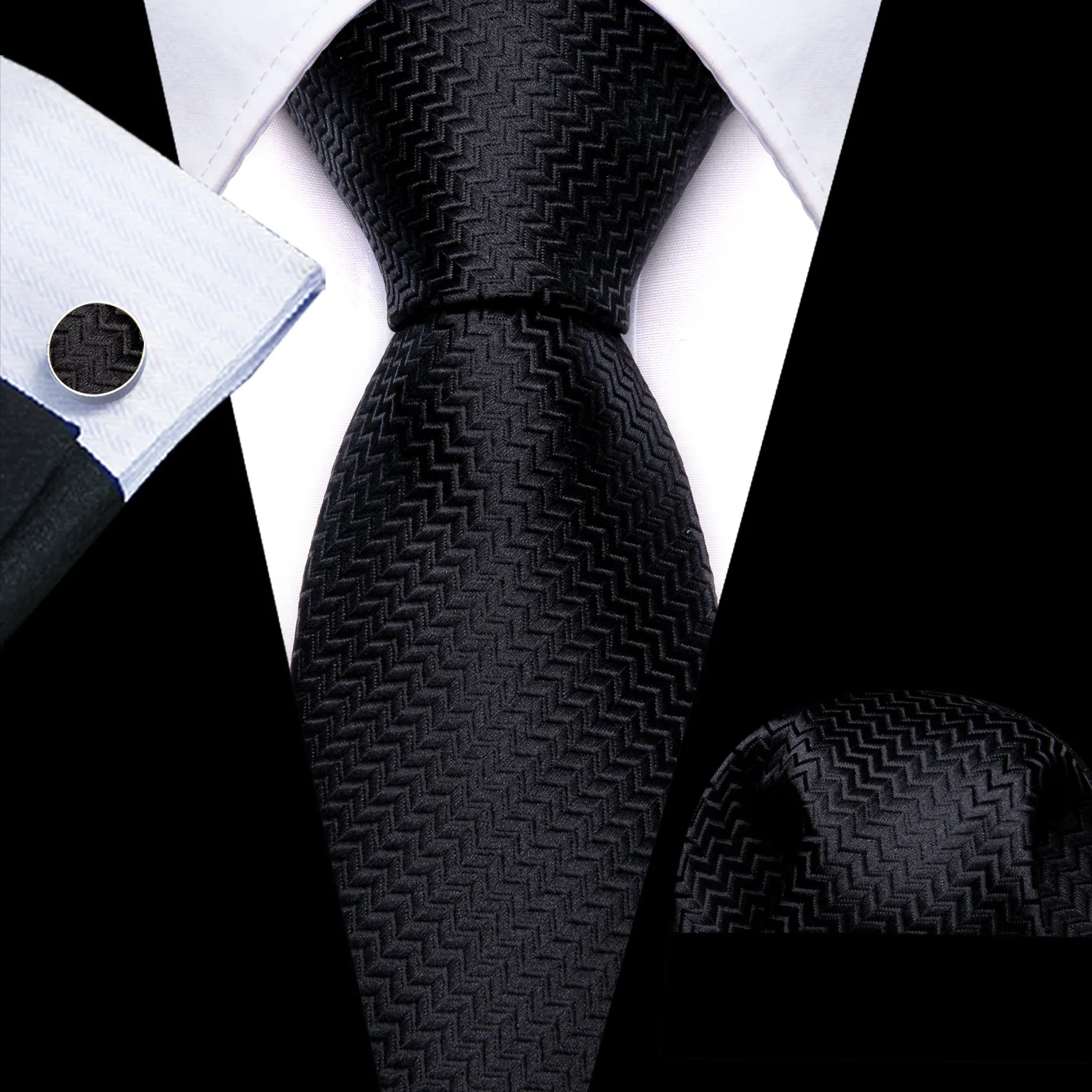 Pure Black Novelty Woven Men's 63 Inches Extra Length Tie Handkerchief Cufflinks Set sold by Ties2You