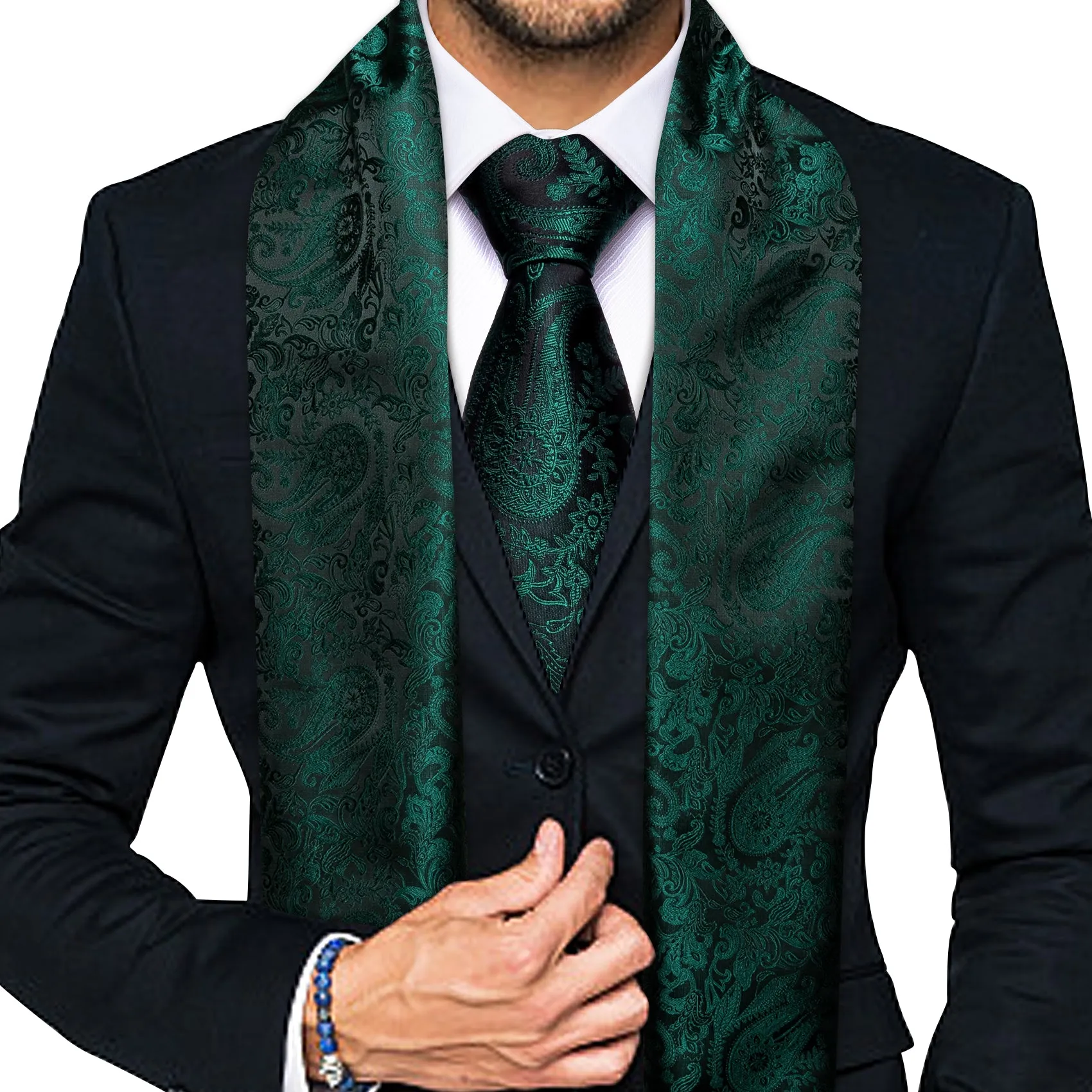 Dark Green Black Paisley Men's Silk Scarf Necktie Set sold by Ties2You