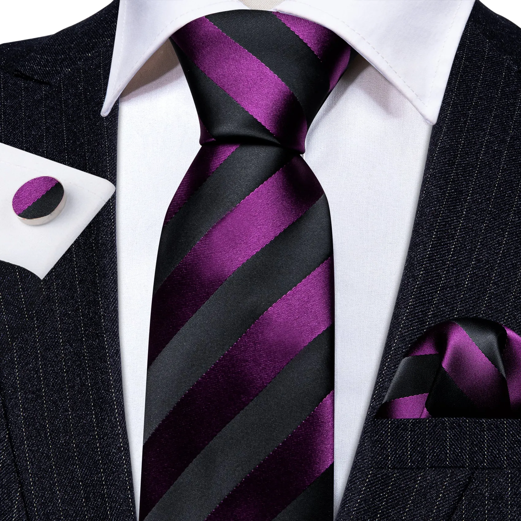 Black Purple Striped Silk Men's Necktie Pocket Square Cufflinks Set sold by Ties2You product image thumbnail 2